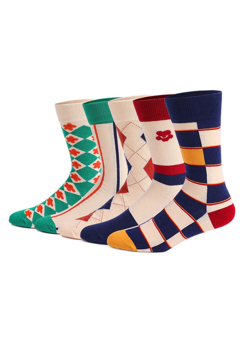 Men's Dress Socks Funky Colorful Crew Socks Casual Cotton Patterned Socks Gifts for Men Dad Grandpa, 5 Pairs (Geometric)
