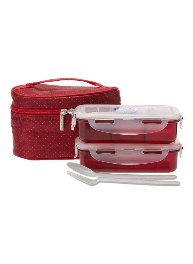 4-Piece Lunch Box With Bag Set Red/Clear/White 2x350ml