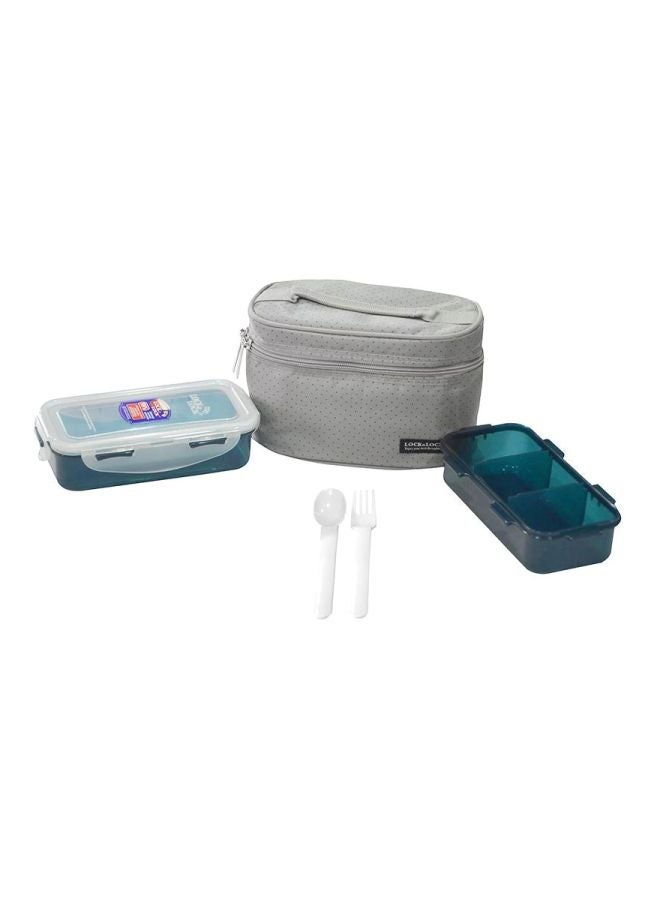 5-Piece Lunch Box With Bag Set Grey/Blue/White 19x10x15cm