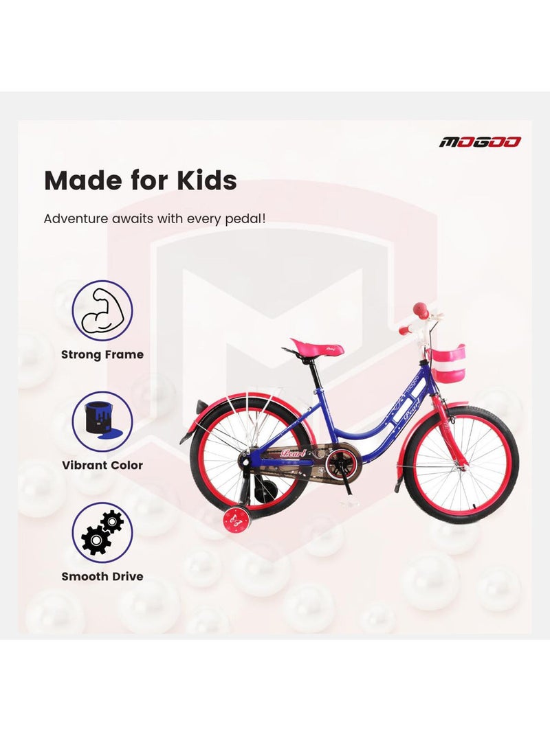 Mogoo Pearl Road Bike With Basket for 4-10 Years Old - Adjustable Seat - Handbrake - Mudguards - Reflectors - Rear Carrier - Gift for Kids - 16 Inch Bicycle with Training Wheels - Blue