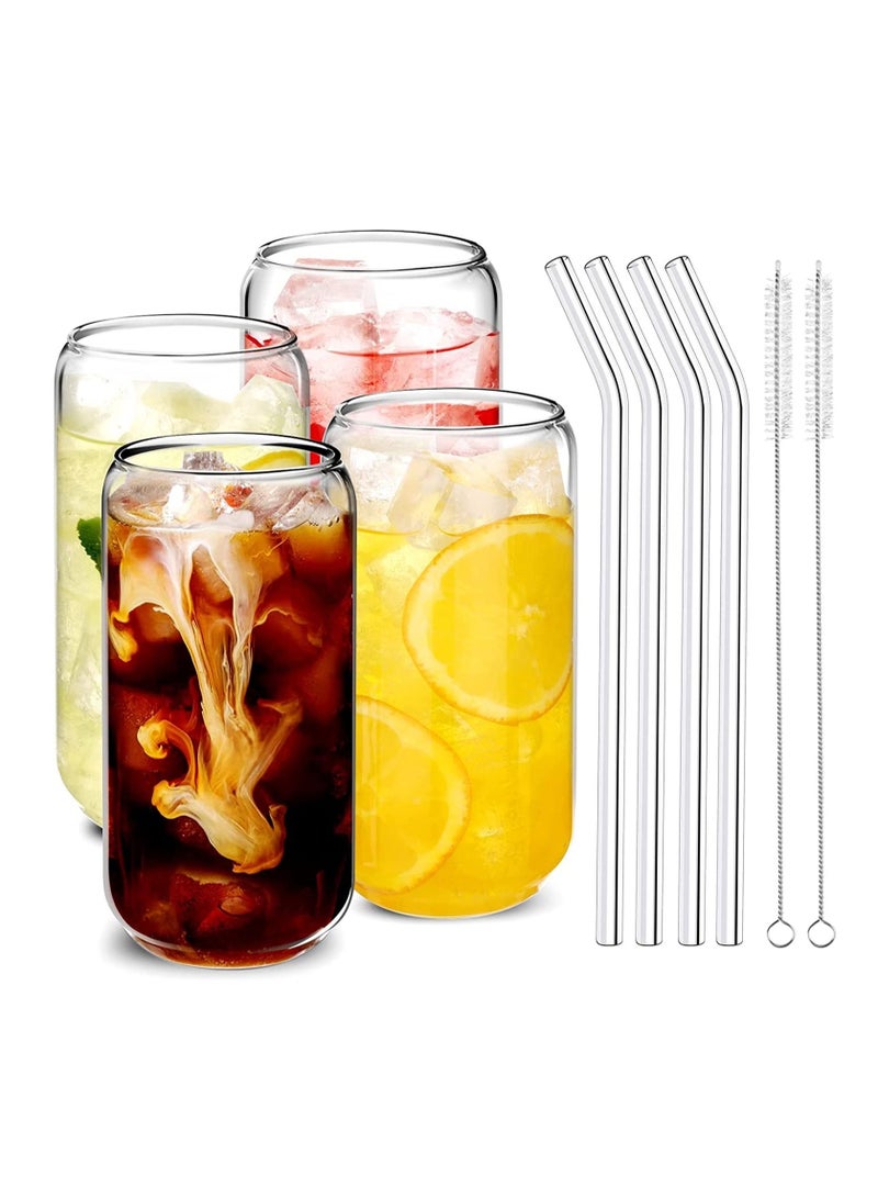 Drinking Glasses with Glass Straw 4pcs Set  16oz Can Shaped Glass Cups Iced Coffee Glasses Cute Tumbler Cup Ideal for Soda Tea Water Gift For Birthday,Halloween,Christmas  2 Cleaning Brushes