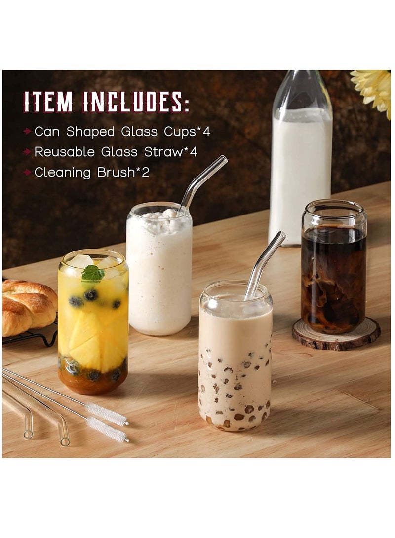 Drinking Glasses with Glass Straw 4pcs Set  16oz Can Shaped Glass Cups Iced Coffee Glasses Cute Tumbler Cup Ideal for Soda Tea Water Gift For Birthday,Halloween,Christmas  2 Cleaning Brushes