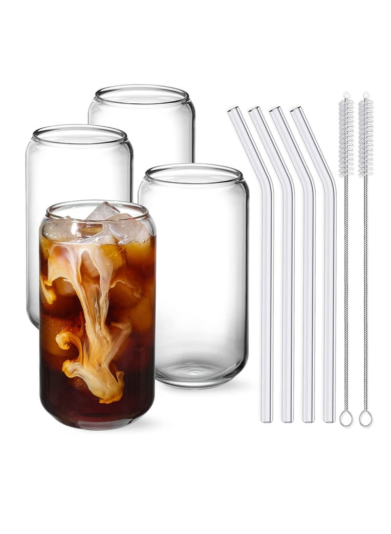 Drinking Glasses with Glass Straw 4pcs Set  16oz Can Shaped Glass Cups Iced Coffee Glasses Cute Tumbler Cup Ideal for Soda Tea Water Gift For Birthday,Halloween,Christmas  2 Cleaning Brushes