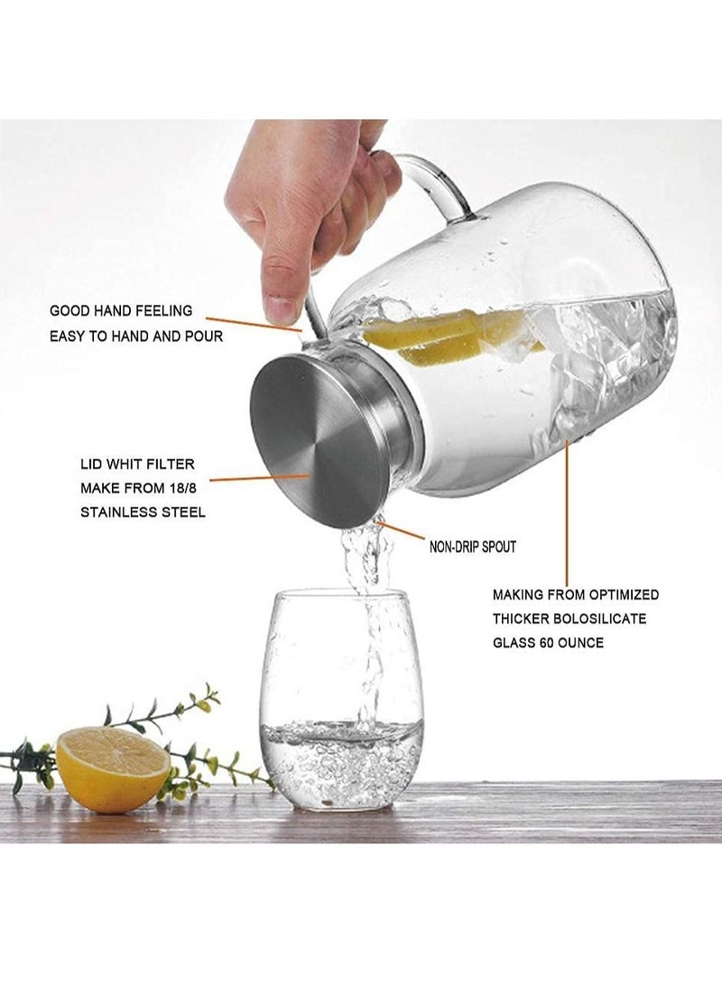 Glass Pitcher Water Pitcher and Stainless Steel Iced Tea Pitcher Easy Clean Heat Resistant Borosilicate Glass Jug for Juice Milk Cold or Hot Beverages -1800ML With 4 Cup