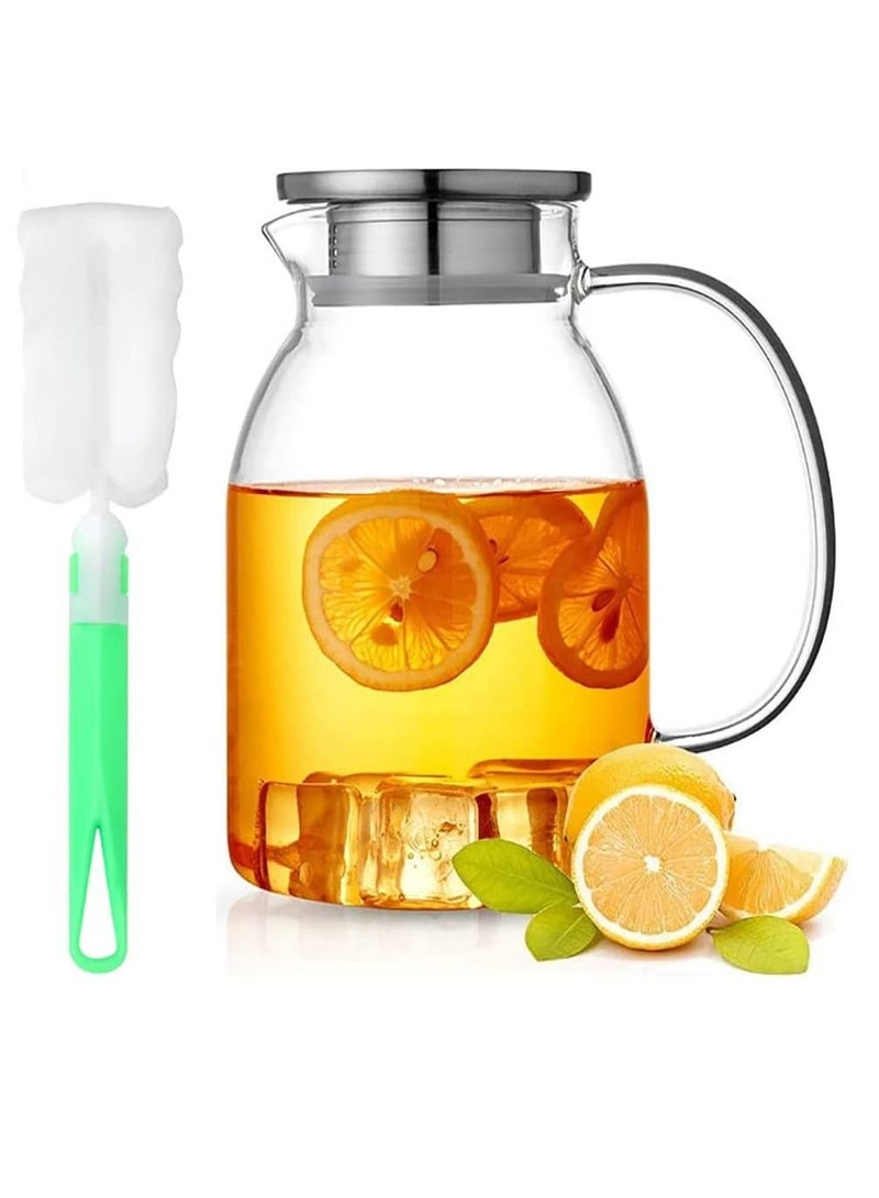 Glass Pitcher Water Pitcher and Stainless Steel Iced Tea Pitcher Easy Clean Heat Resistant Borosilicate Glass Jug for Juice Milk Cold or Hot Beverages -1800ML With 4 Cup