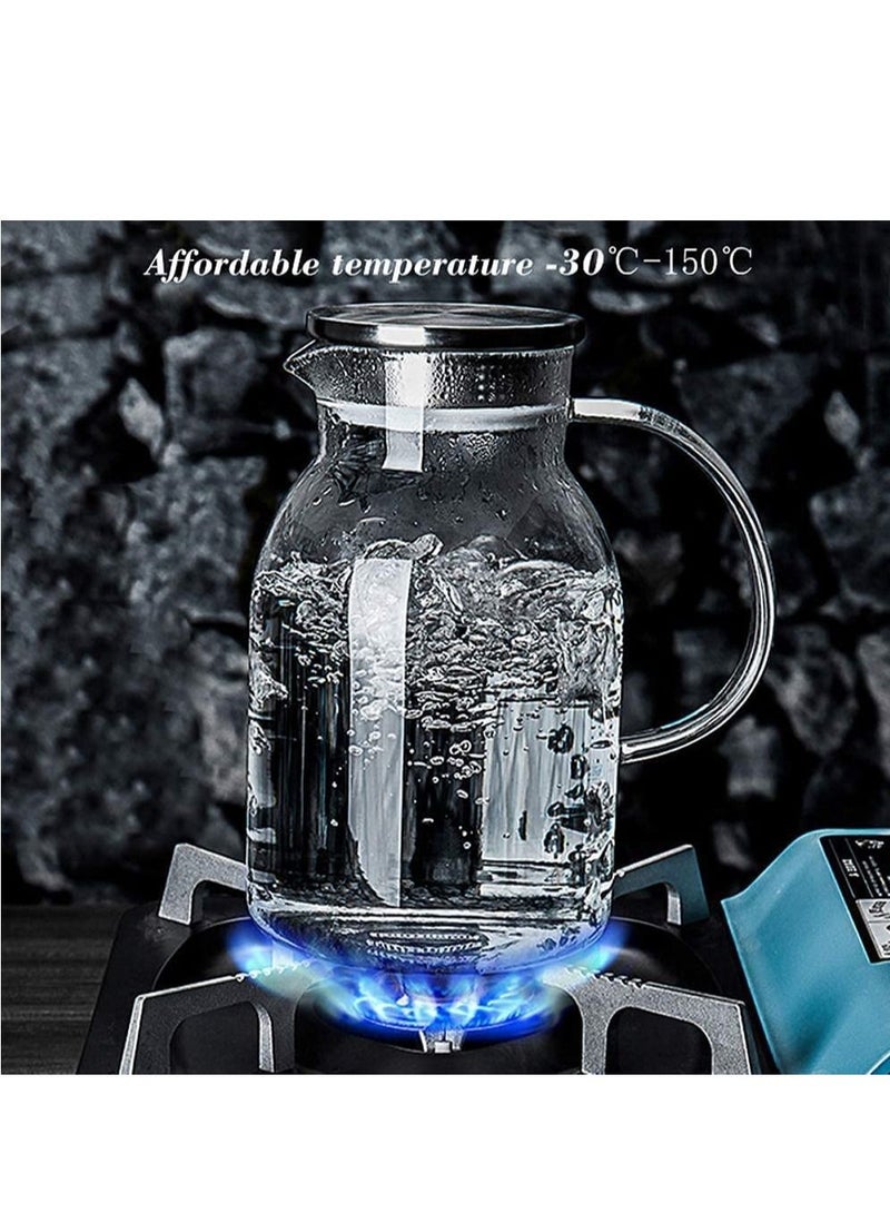 Glass Pitcher Water Pitcher and Stainless Steel Iced Tea Pitcher Easy Clean Heat Resistant Borosilicate Glass Jug for Juice Milk Cold or Hot Beverages -1800ML With 4 Cup