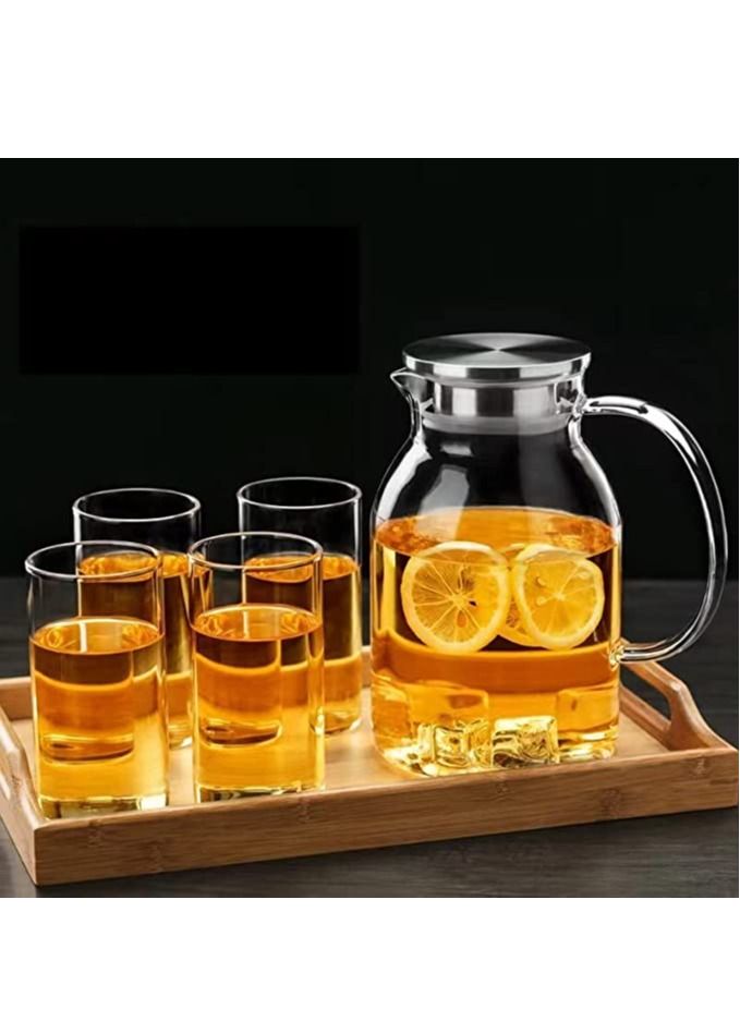 Glass Pitcher Water Pitcher and Stainless Steel Iced Tea Pitcher Easy Clean Heat Resistant Borosilicate Glass Jug for Juice Milk Cold or Hot Beverages -1800ML With 4 Cup
