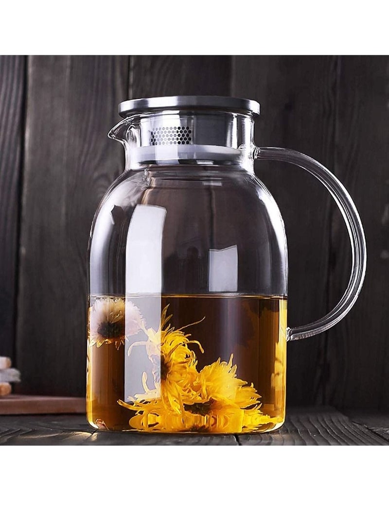 Glass Pitcher Water Pitcher and Stainless Steel Iced Tea Pitcher Easy Clean Heat Resistant Borosilicate Glass Jug for Juice Milk Cold or Hot Beverages -1800ML With 4 Cup
