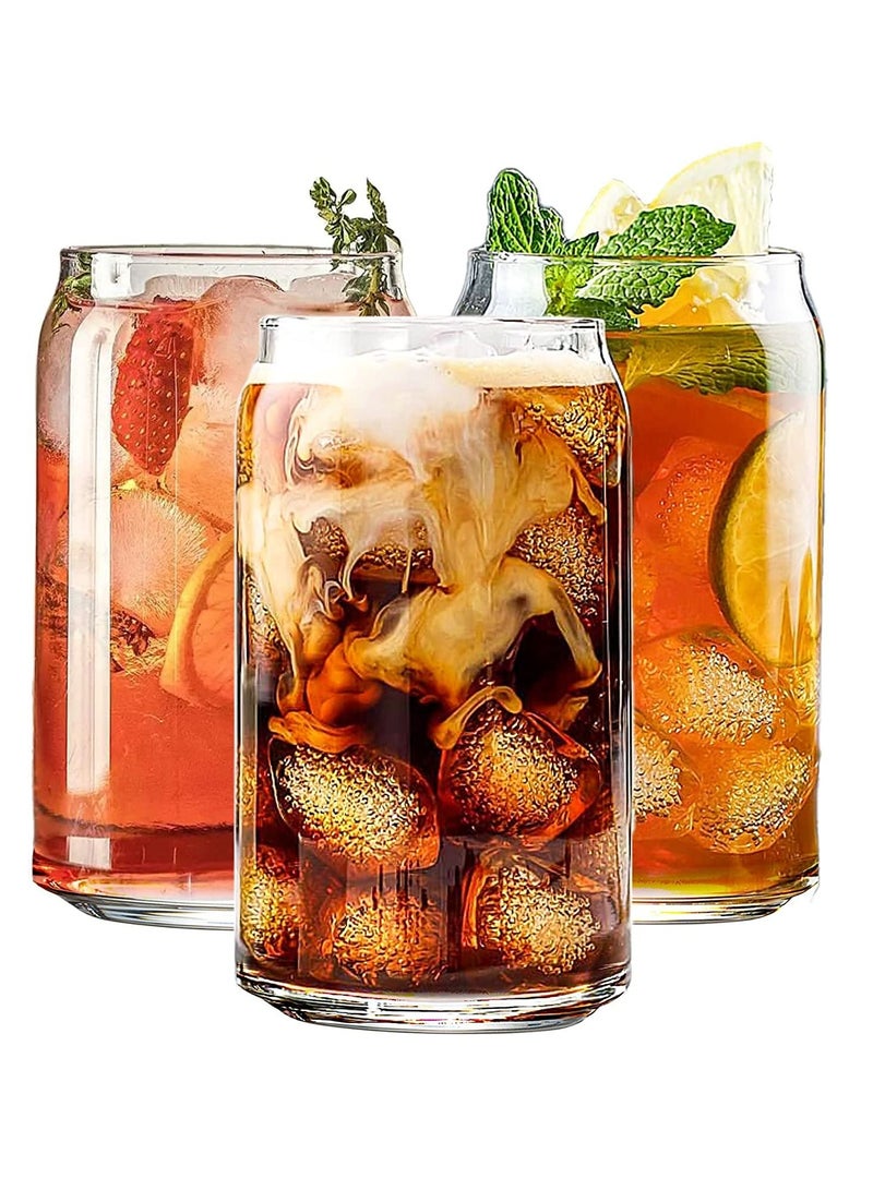 Drinking Glasses 3pc Set-CAN Shaped Glass Cups, 16oz Iced Coffee Glasses Iced Tea Glasses Cocktail Glasses Soda Clear Water Cups