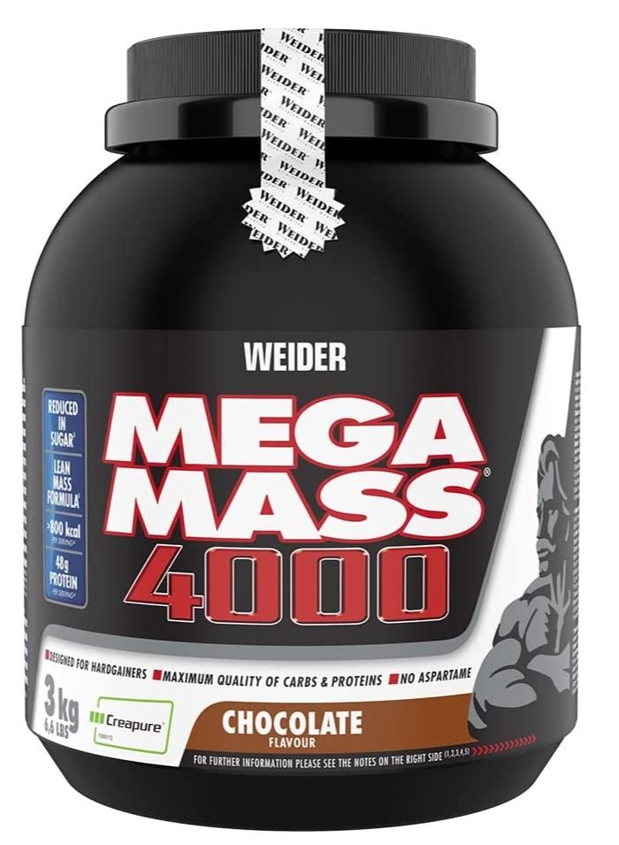 Mega Mass 4000 3 Kg Weight Gainer with Protein, Creatine, Carbohydrate, Low Sugar, Vitamins and Minerals, Chocolate Flavour