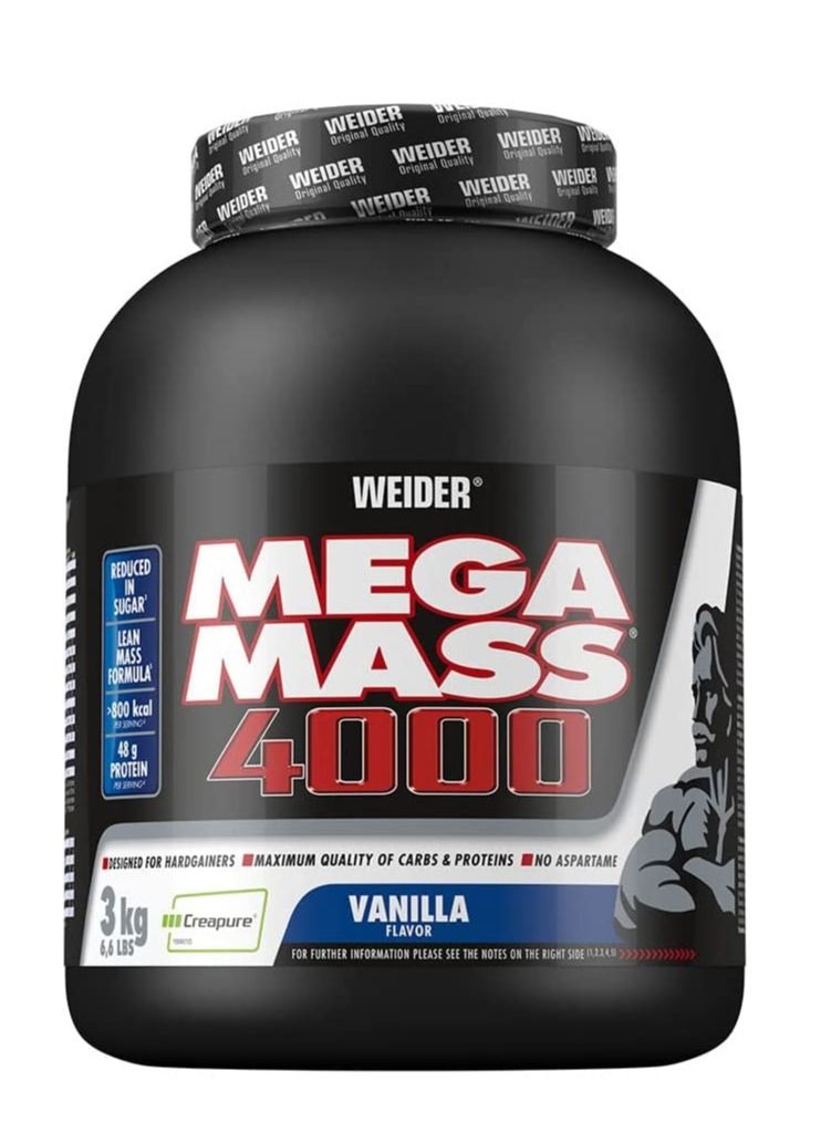 Mega Mass 4000 3 Kg Weight Gainer with Protein, Creatine, Carbohydrate, Low Sugar, Vitamins and Minerals, Vanilla Flavour