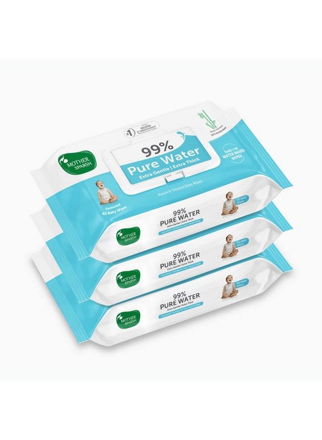 99% Pure Water Baby Wipes Pack Of 3 (40 X 3 Wipes) ; Travel Friendly Pack Made With Plant Based Fabric