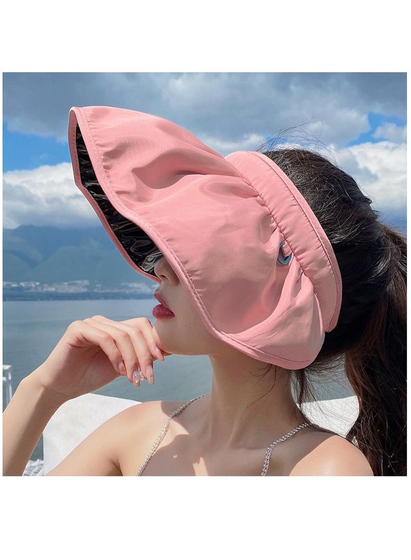 Women Sun Hat, Summer Beach Caps Women Hat Wide Brim UV Protection Floppy Pink Roll Up Hat Double-Side-Wear Ponytail Hats Baseball Caps Adjustable Cap