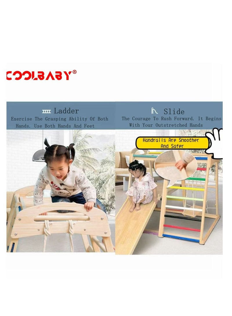 COOLBABY 6 in 1 Solid Wood Children's Climbing Frame Indoor Toddler And Kids Indoor Gym Playground Rock Climbing Slide Swing Combination Double-Sided Slide Board (Climbing/Slide)