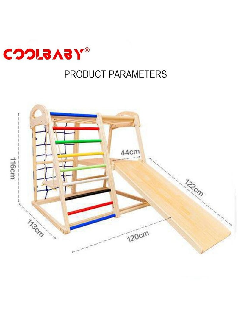 COOLBABY 6 in 1 Solid Wood Children's Climbing Frame Indoor Toddler And Kids Indoor Gym Playground Rock Climbing Slide Swing Combination Double-Sided Slide Board (Climbing/Slide)