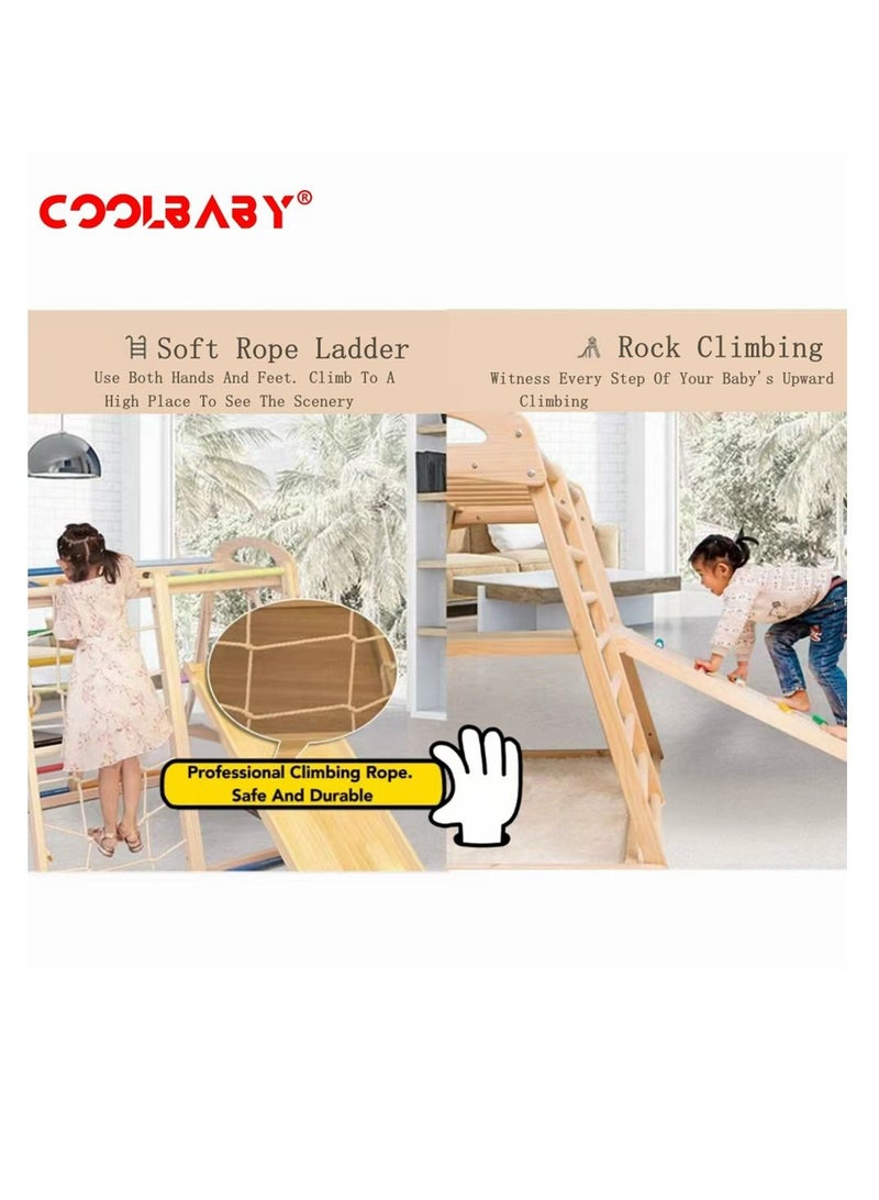 COOLBABY 6 in 1 Solid Wood Children's Climbing Frame Indoor Toddler And Kids Indoor Gym Playground Rock Climbing Slide Swing Combination Double-Sided Slide Board (Climbing/Slide)