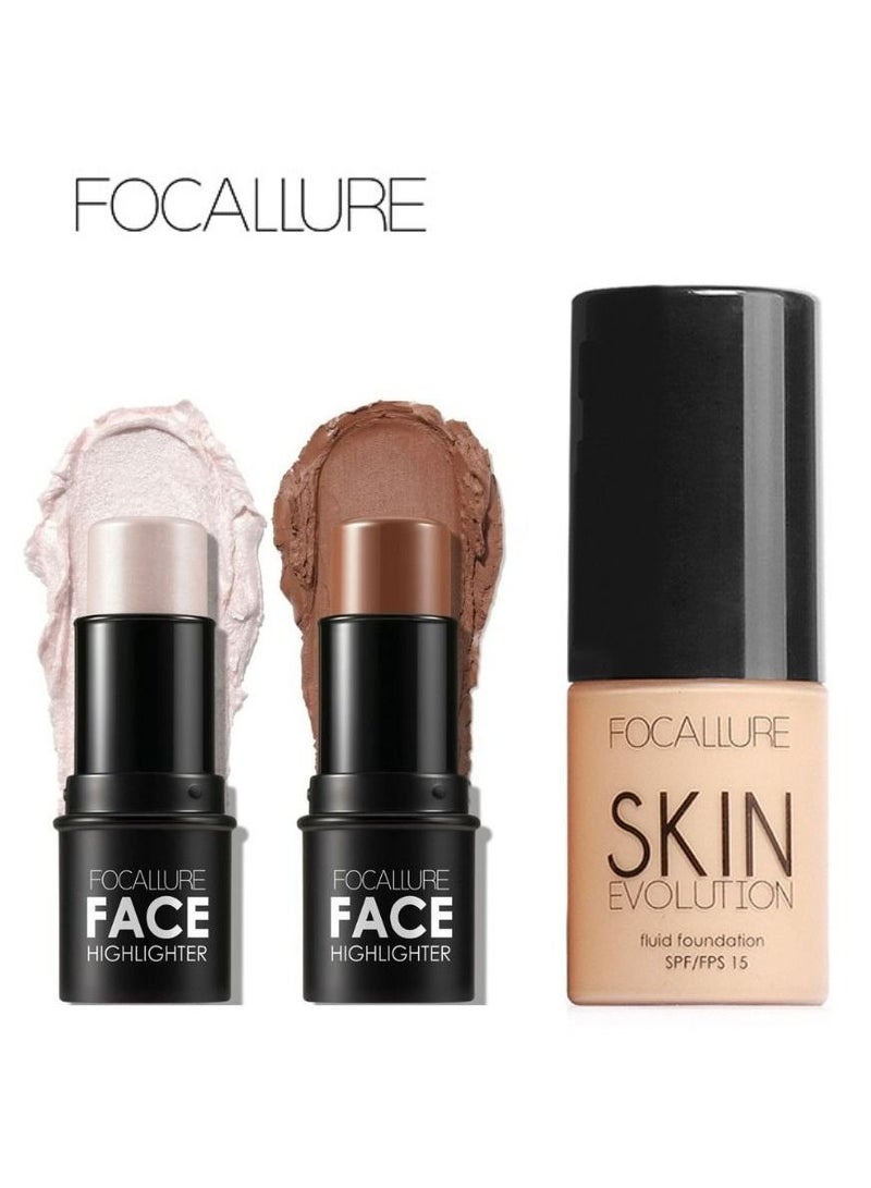 Set of Face Highlighter & Contour Stick FA01 #1 #3 and Skin Evolution Liquid Foundation -FA30 #4 Natural