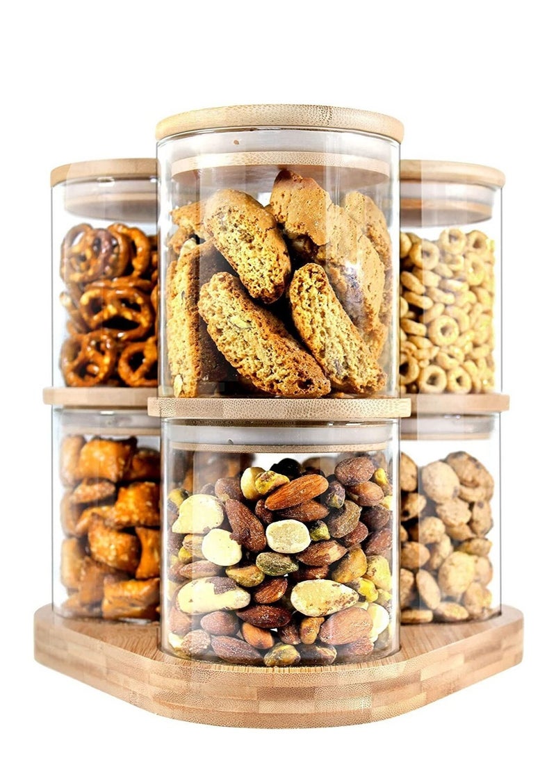 Borosilicate Glass Food Storage Jars with Bamboo Lids and Wooden Base Set of 6 of 16oz