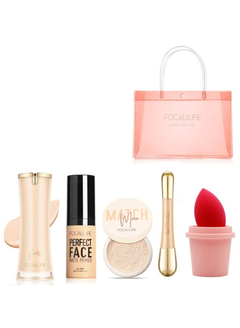 Set of Poreless Liquid Foundation 205-01 Ivory+Perfect Face Matte Primer FA 53+Matchmax Baking & Setting Powder FA 154#02 Ivory+Concealer with High Cover Brush FA230-3+Makeup Sponge+Plastic Tote Bag