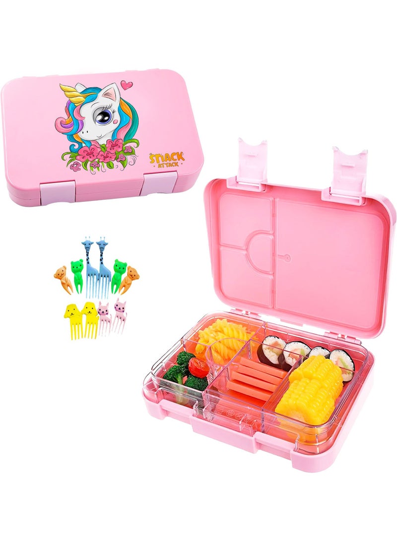 Lunch Box for Kids school bento style 4 6 Conertible Compartments, Portion Lunch Box,  Food Graded Materials BPA FREE & LEAK PROOF,  Made of Triton, Pink Unicorn