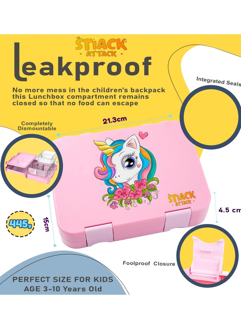 Lunch Box for Kids school bento style 4 6 Conertible Compartments, Portion Lunch Box,  Food Graded Materials BPA FREE & LEAK PROOF,  Made of Triton, Pink Unicorn