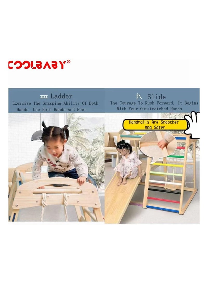 6 in 1 Solid Wood Kids Climbing Frame Kids Indoor Sports Playground Rock Climbing Swing Set Double Sided Skateboard