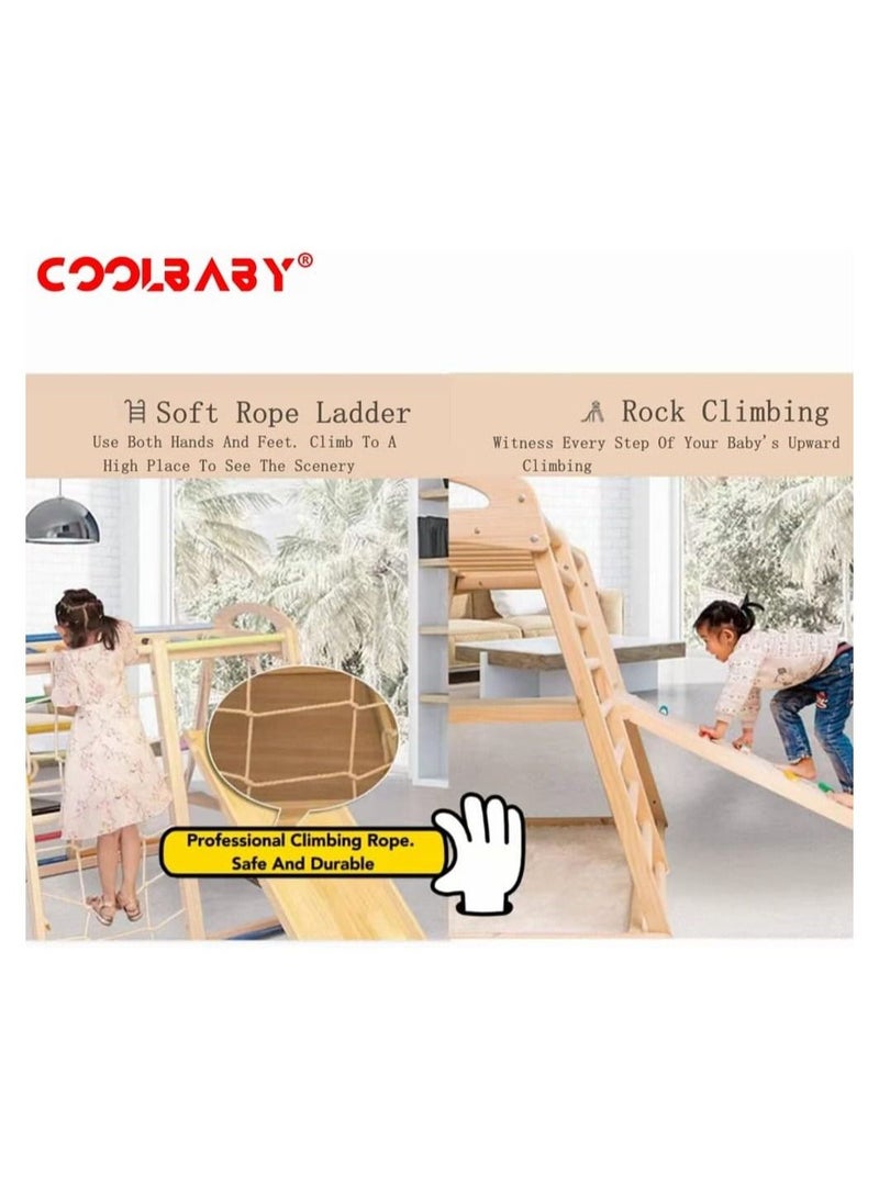 6 in 1 Solid Wood Kids Climbing Frame Kids Indoor Sports Playground Rock Climbing Swing Set Double Sided Skateboard