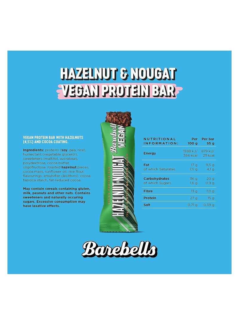 Vegan Hazelnut & Nougat High Protein and Low Carb Bar, 12 x 55g No Sugar Snack Protein Bar with 15g protein