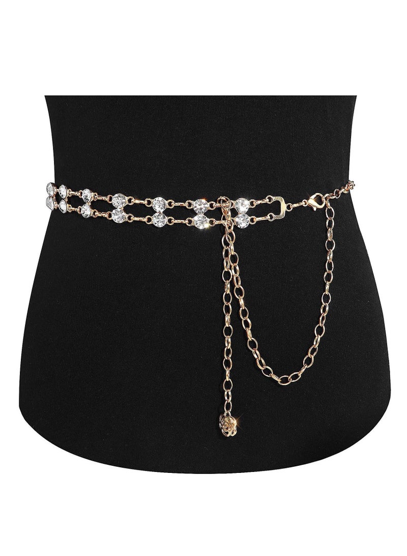 Double Row Rhinestone Crystal Belt for Women, Sparkling Waistband Dresses, O Ring Chain Design, Glamorous Gift, S Size