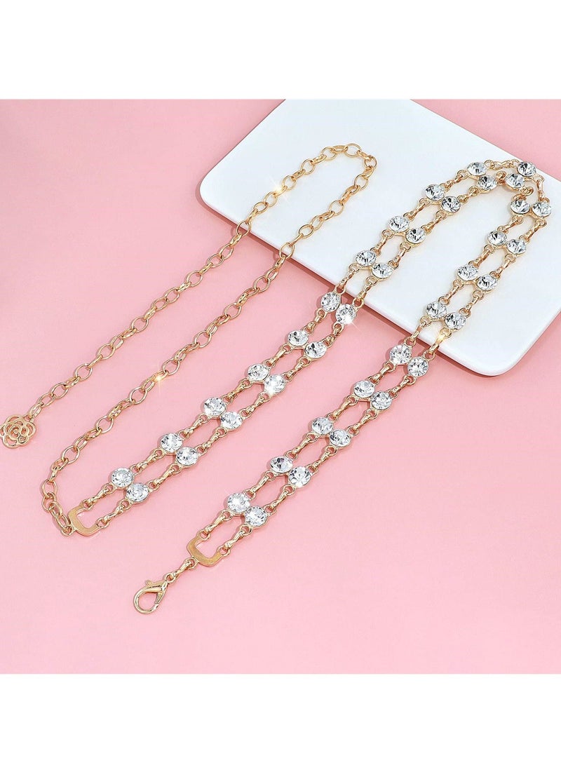 Double Row Rhinestone Crystal Belt for Women, Sparkling Waistband Dresses, O Ring Chain Design, Glamorous Gift, S Size