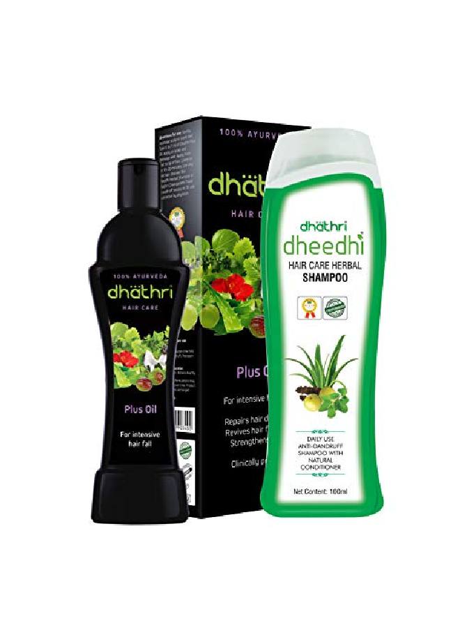 Hair Care Plus Herbal Oil | Ayurvedic hair oil for intense hair fall problems 100ml & Dheedhi Daily Herbal Shampoo | Mild Shampoo for daily use 100ml