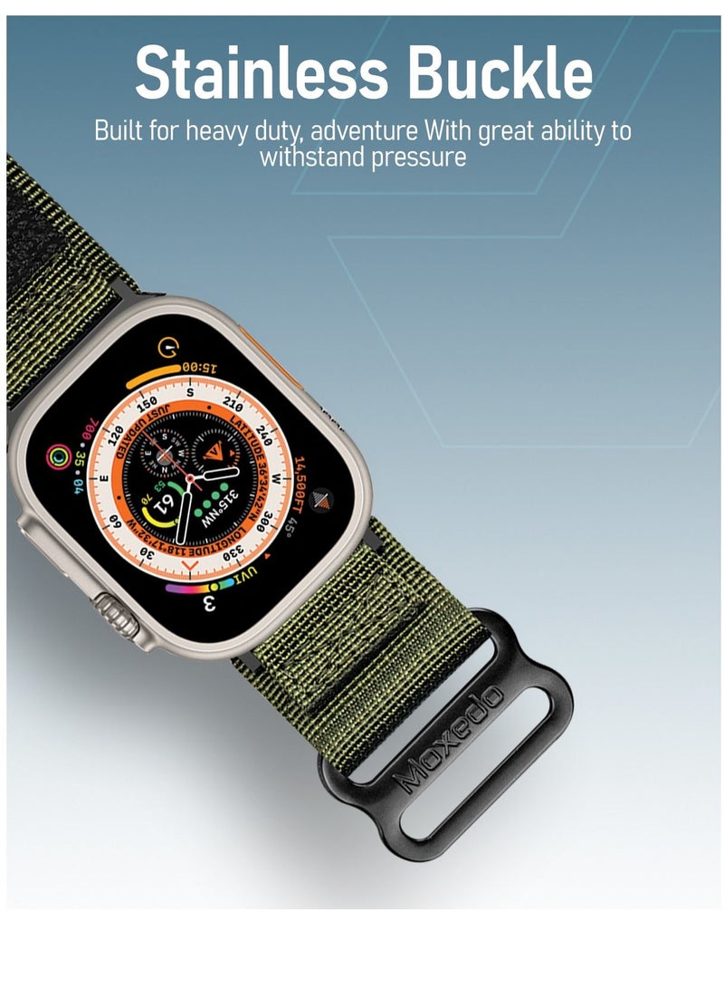 Moxedo Tactical Sports Rugged Strap Breathable Nylon Braided Compatible with Apple Watch Band Series 8 7 6 5 4 3 2 1 SE Ultra Military Woven Loop Design for 44mm 45mm 49mm- Military Green