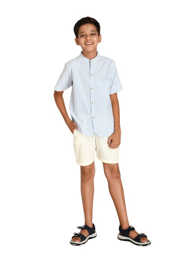 Pure cotton skyblue stripe shirt with cotton short set for boys