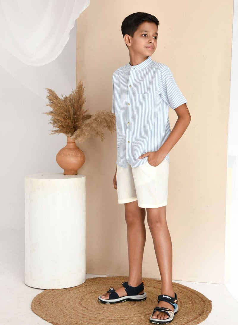 Pure cotton skyblue stripe shirt with cotton short set for boys