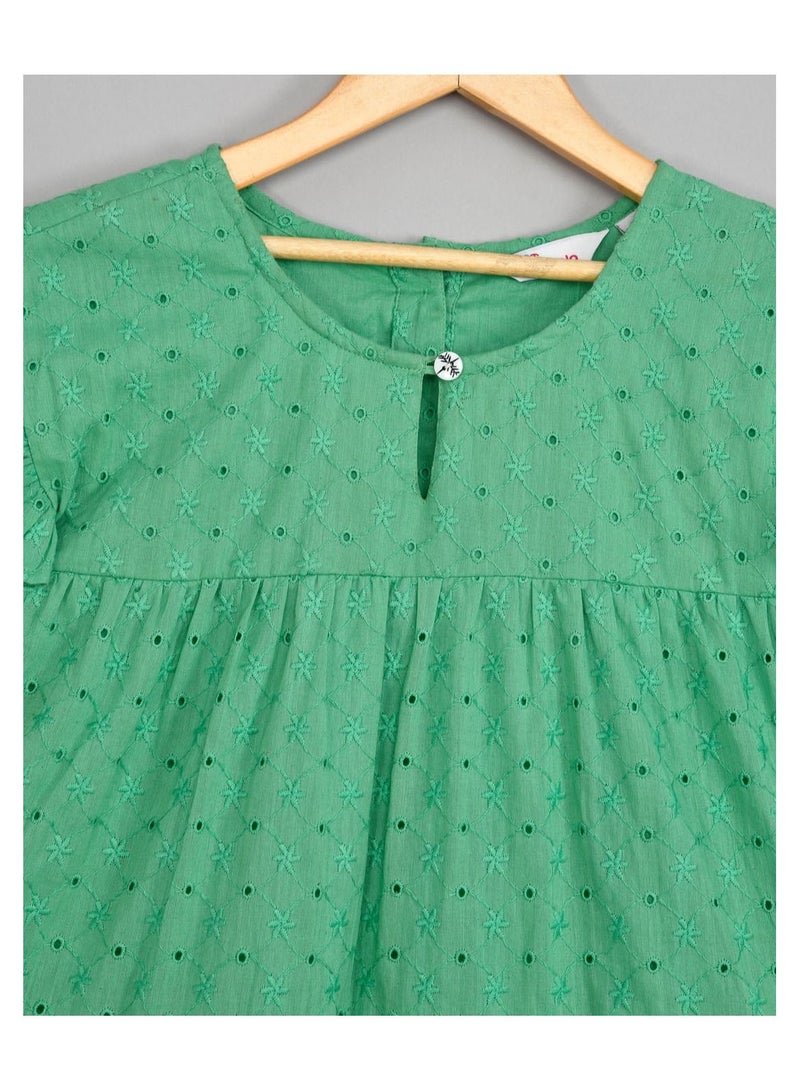 Schiffli  cotton oilve green frilled  knee length dress for girls