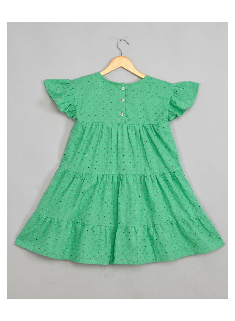 Schiffli  cotton oilve green frilled  knee length dress for girls