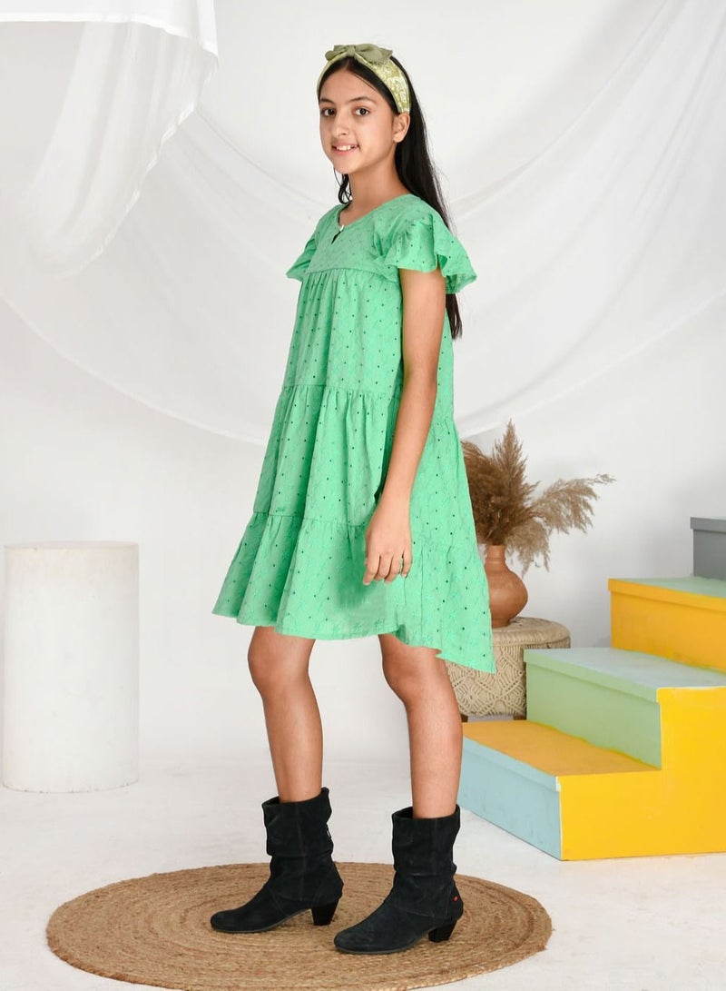 Schiffli  cotton oilve green frilled  knee length dress for girls