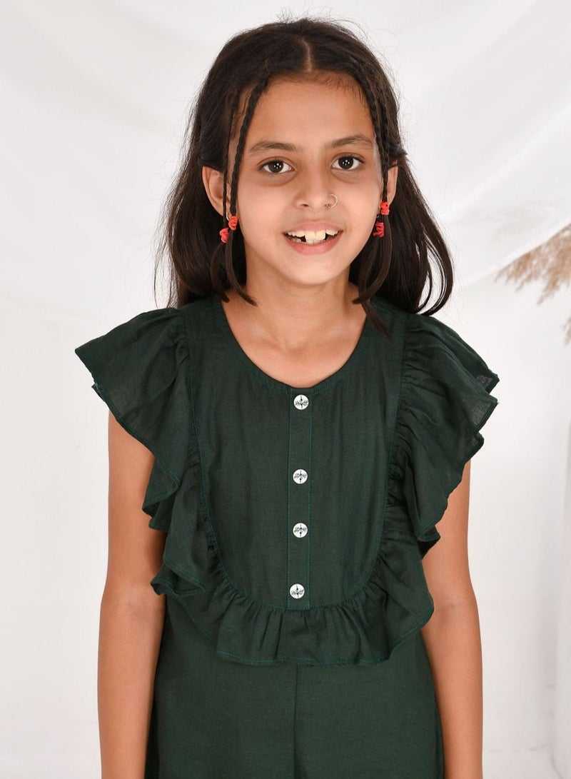 Rayon cotton frilled sleeves dark green jumpsuit for girls