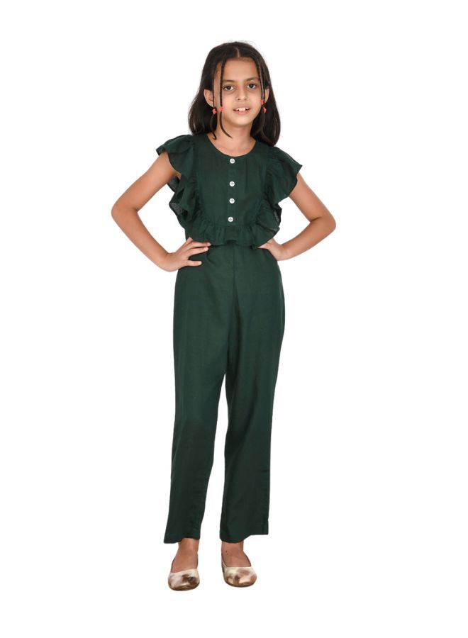 Rayon cotton frilled sleeves dark green jumpsuit for girls