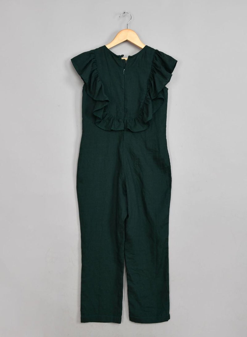 Rayon cotton frilled sleeves dark green jumpsuit for girls