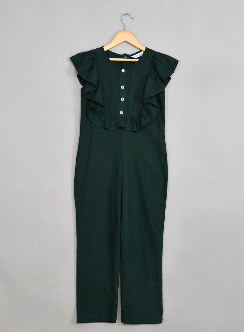 Rayon cotton frilled sleeves dark green jumpsuit for girls