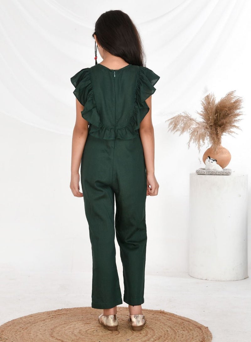 Rayon cotton frilled sleeves dark green jumpsuit for girls