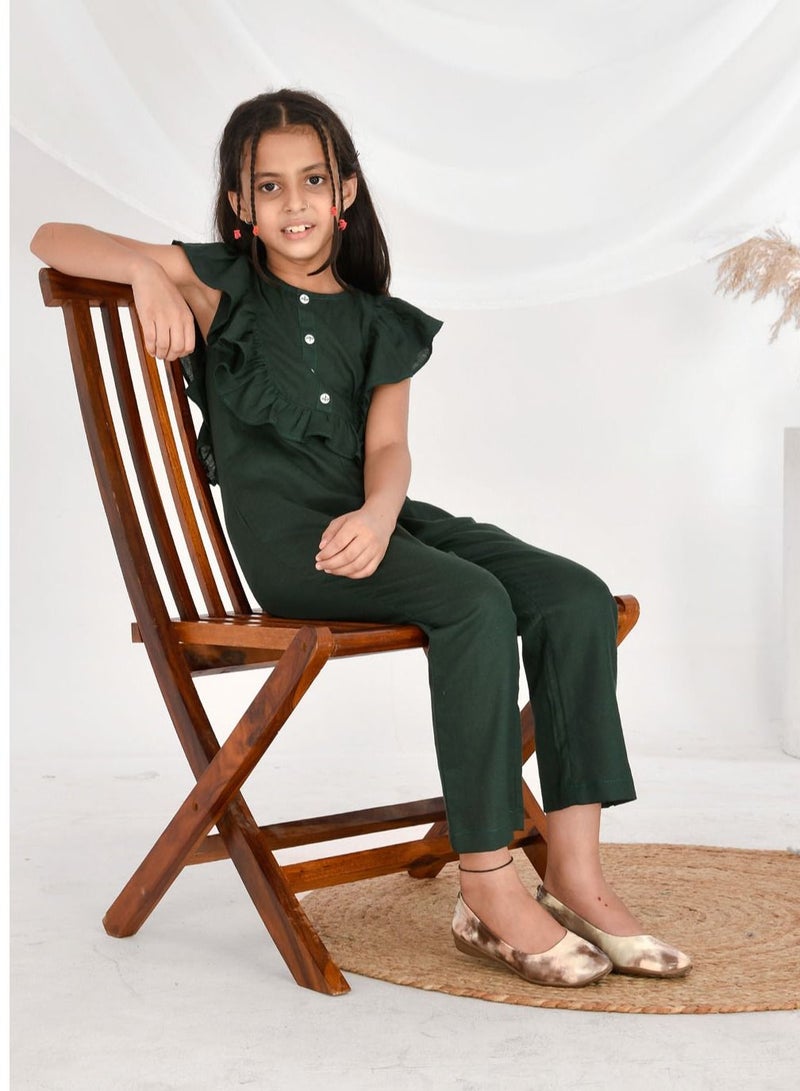 Rayon cotton frilled sleeves dark green jumpsuit for girls