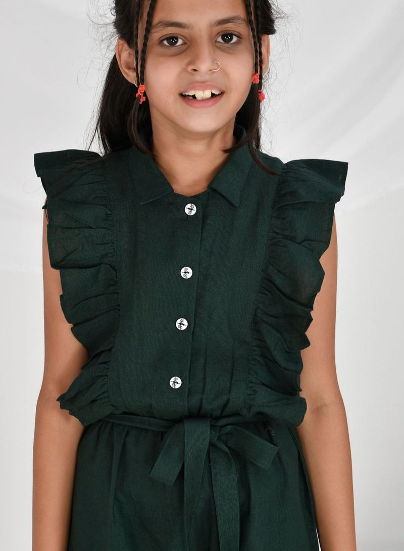 Rayon cotton collred dark green jumpsuit for girls