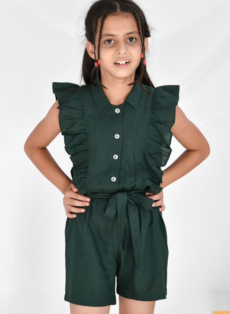 Rayon cotton collred dark green jumpsuit for girls