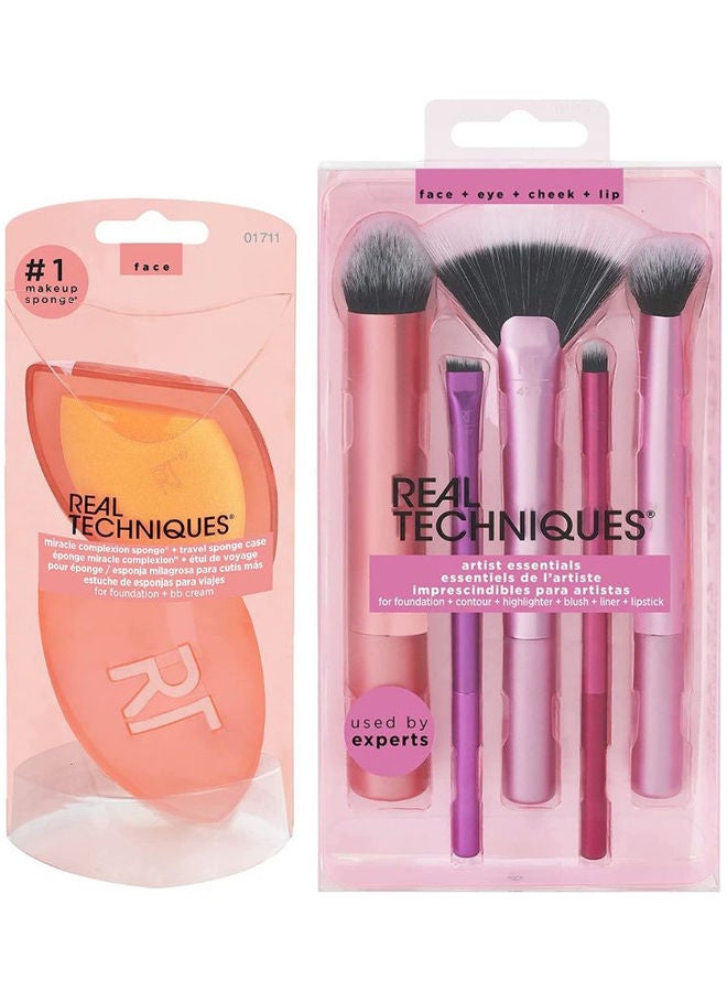 Artist Essential Makeup Brush Set, Includes Eye Liner Brush And Foundation Brush With Miracle Complexion Beauty Sponge Makeup Blender With Case Set of 1711, 1895