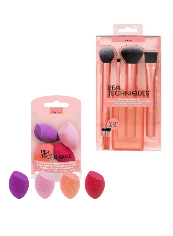 Flawless Base Brush Set With Ultra Plush Custom Cut Synthetic Bristles and Extended Aluminum Ferrules with 4 Mini Miracle Complexion Sponges Multicolour