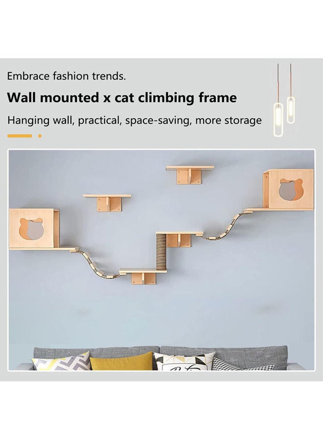 Cat Wall Shelf, Cat Wall Furniture Set and Wall Perch, Floating Cat Wooden Climbing Furniture with 4 Cat Shelves, 2 Cat Houses, 2 Ladders and 1 Cat Scratching Post (hexagonal capsule)