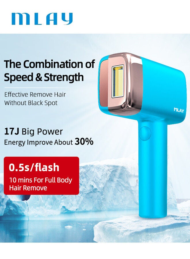 Updated MLAY T14 IPL Ice Laser Painless Hair Removal Device With Bikini Lamp (With A Gift Blackhead Remover)500000 Pulses 5 Levels Sky Blue