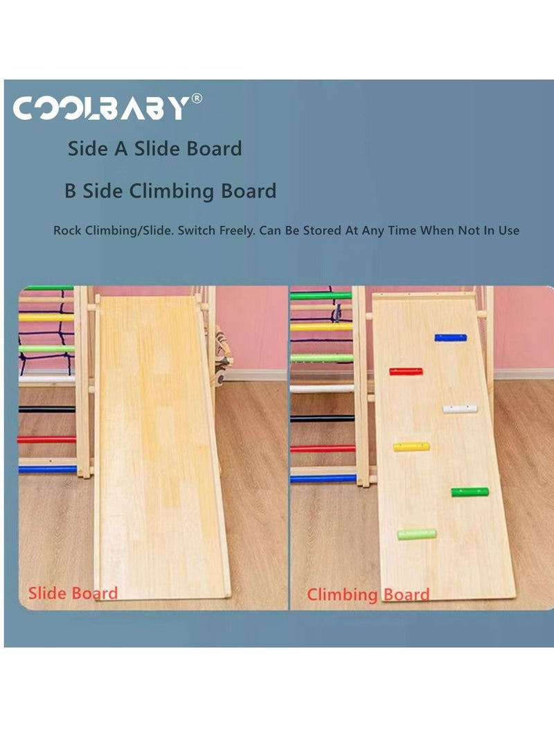 COOLBABY 6 in 1 Solid Wood Children's Climbing Frame  Indoor Toddler And Kids Indoor Gym Playground  Rock Climbing Slide Swing Combination Double-Sided Slide Board (Climbing/Slide)